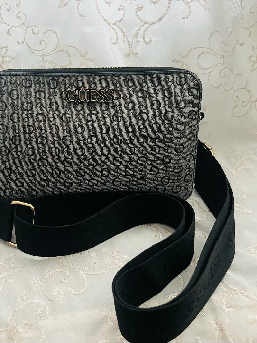 GUESS Monogram Messenger Bag in Beige and Black